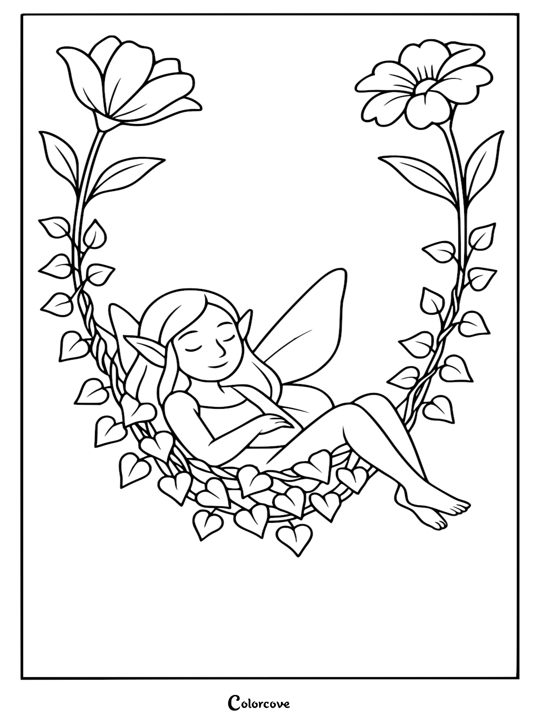 A fairy with pointed ears sleeping peacefully in a vine swing surrounded by large flowers in this printable coloring page.