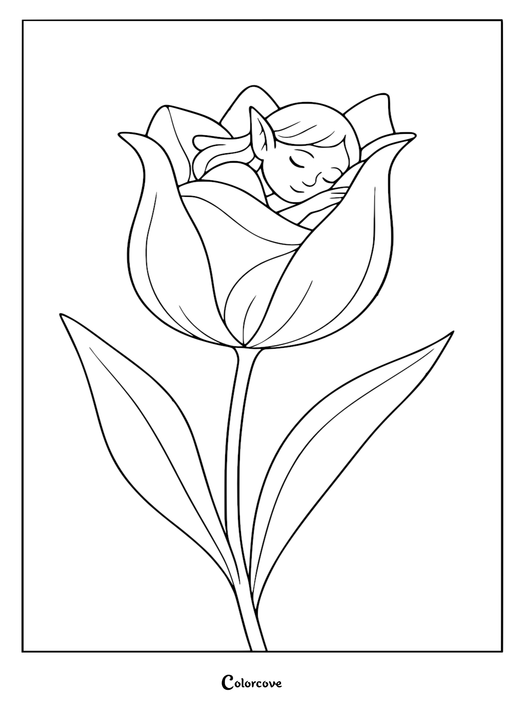 A cute fairy with pointed ears sleeping peacefully inside a large tulip flower coloring page with two long leaves.