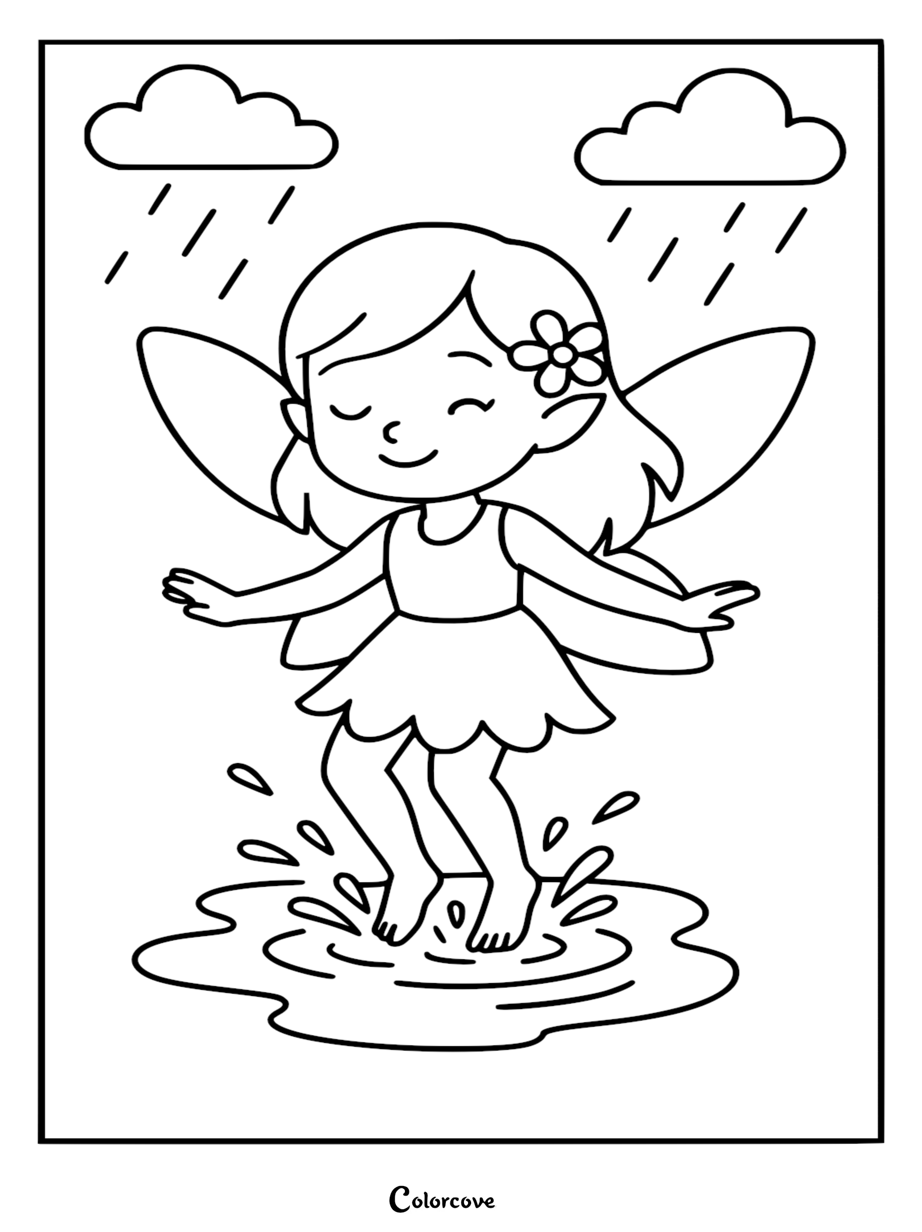 A happy fairy with a flower in her hair jumping in a rain puddle, coloring page style line art.