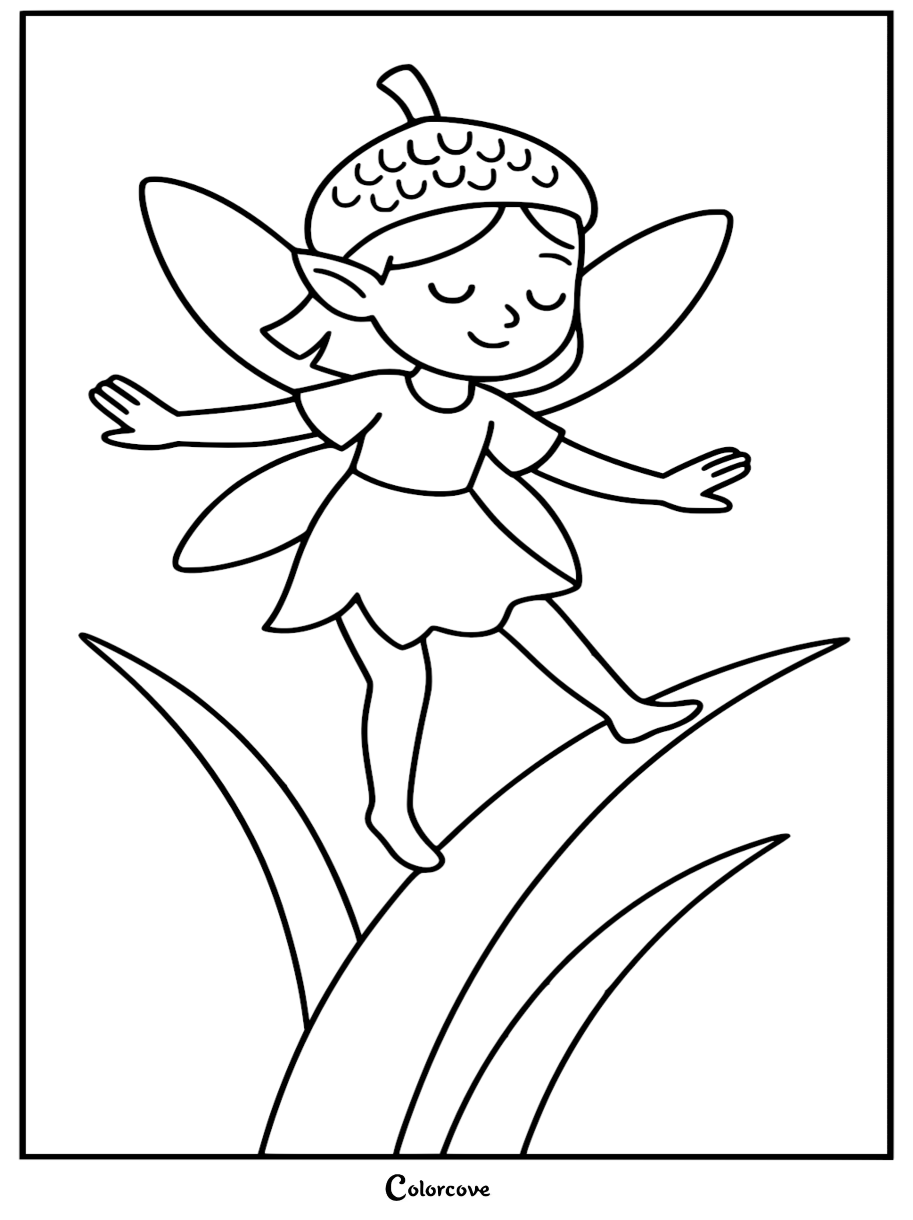 A cute fairy wearing an acorn cap hat balancing on a long blade of grass, line art coloring page.