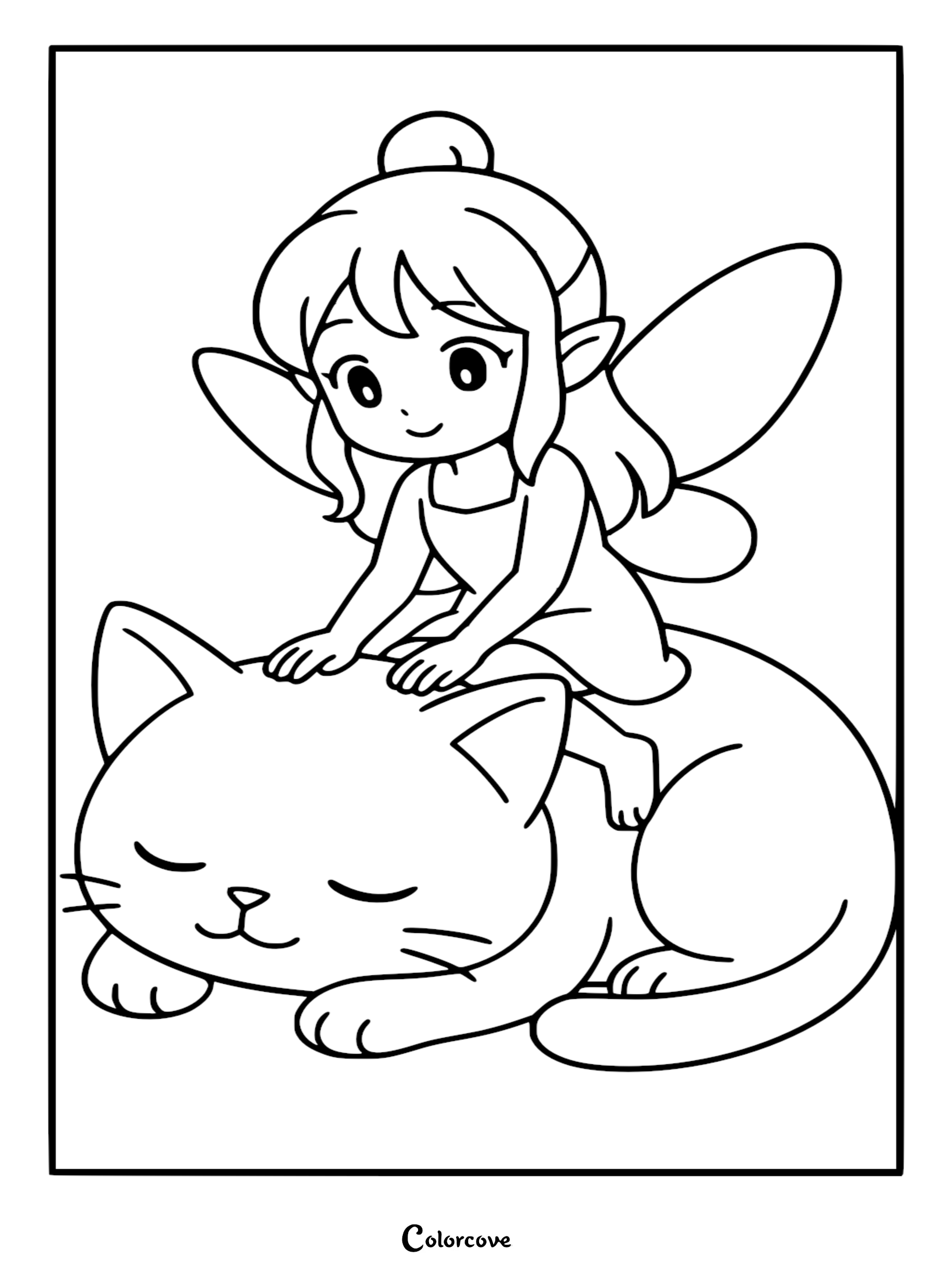 A cute fairy with a top knot hairstyle sitting on the back of a large sleeping cat in this printable coloring page.