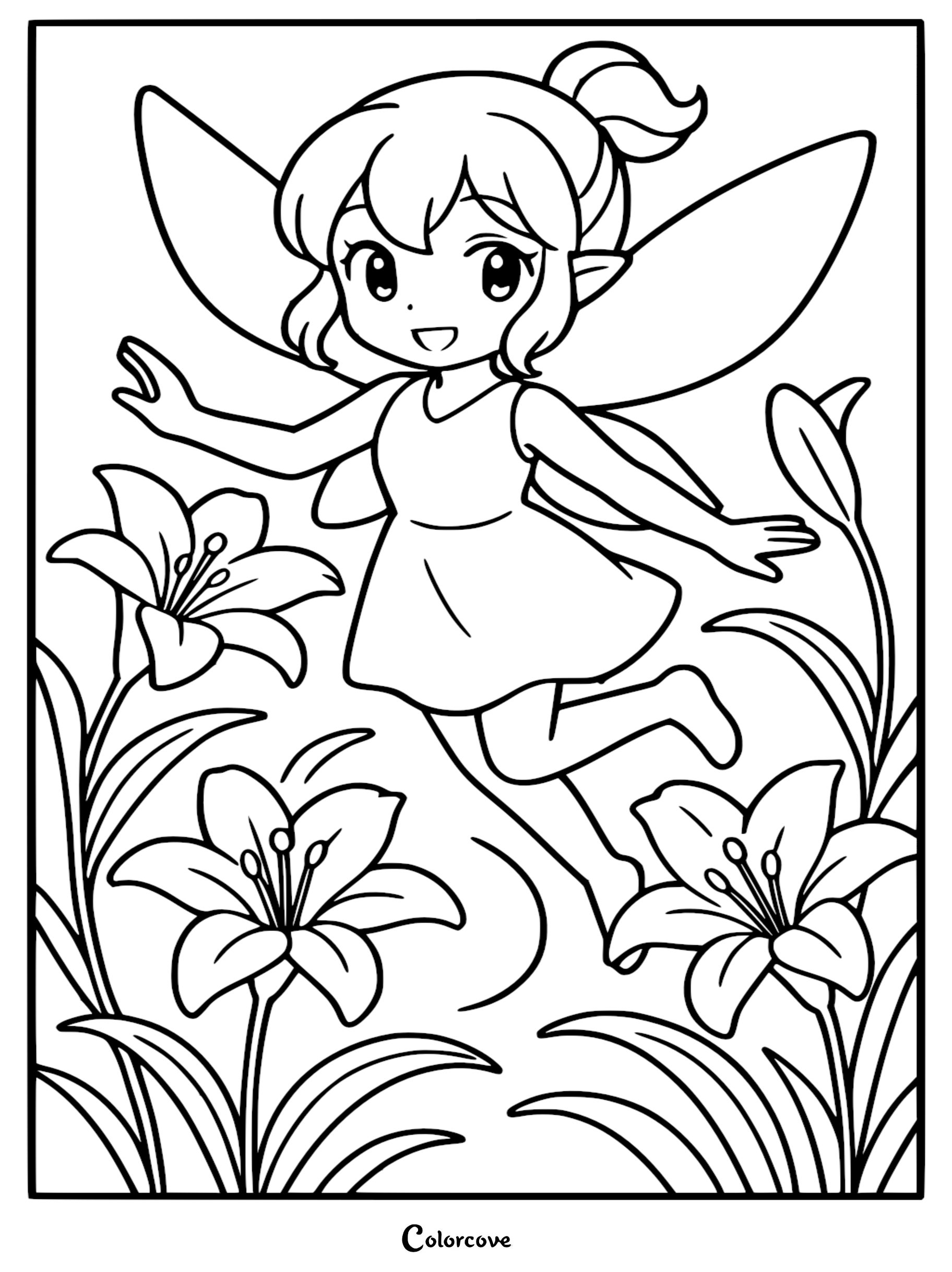 Tinker Bell flying in a garden of blooming lilies, line art coloring page for kids.
