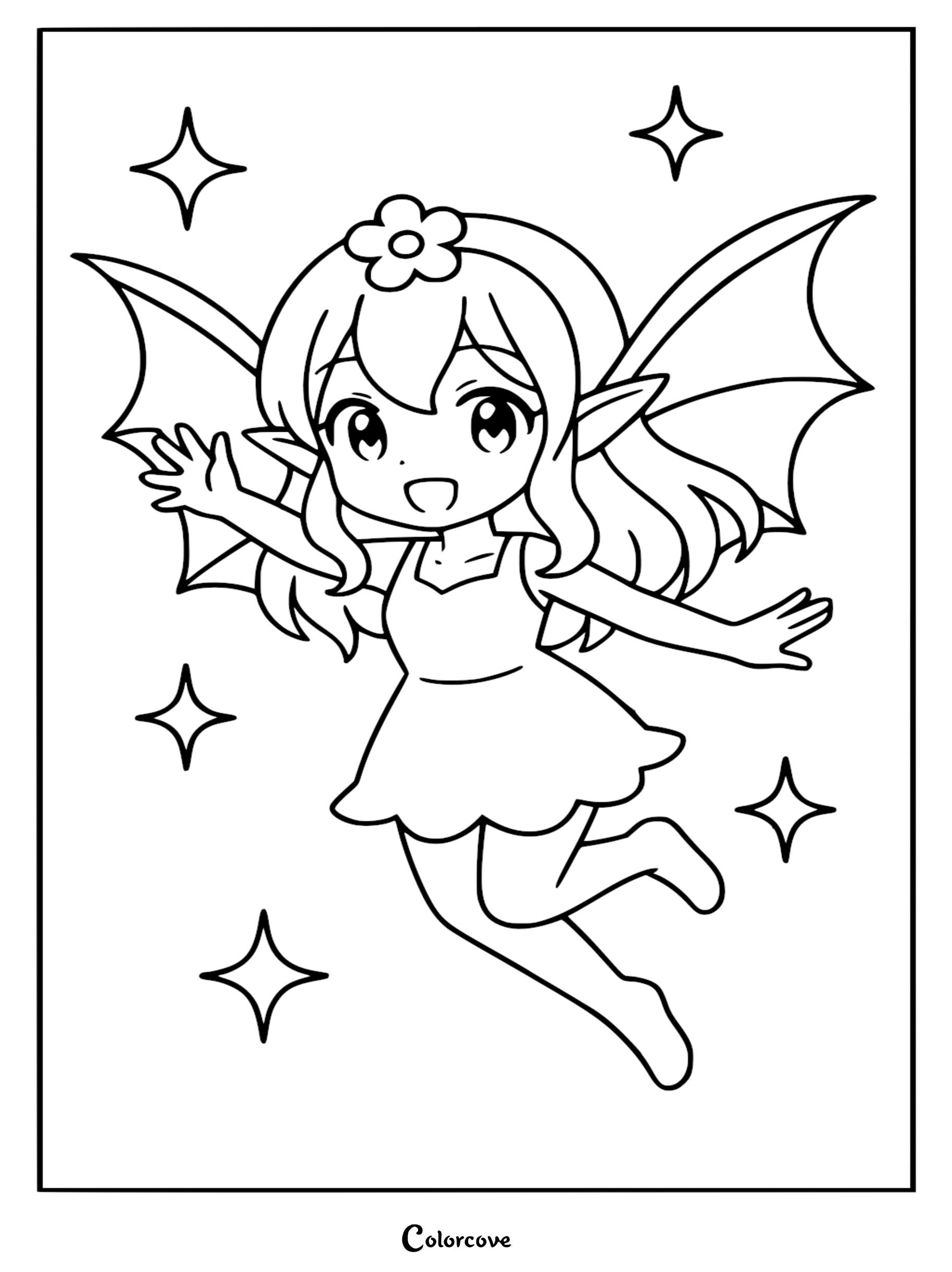 A cute chibi fairy with a flower headband and pointed ears flying among sparkling stars in this printable coloring page.