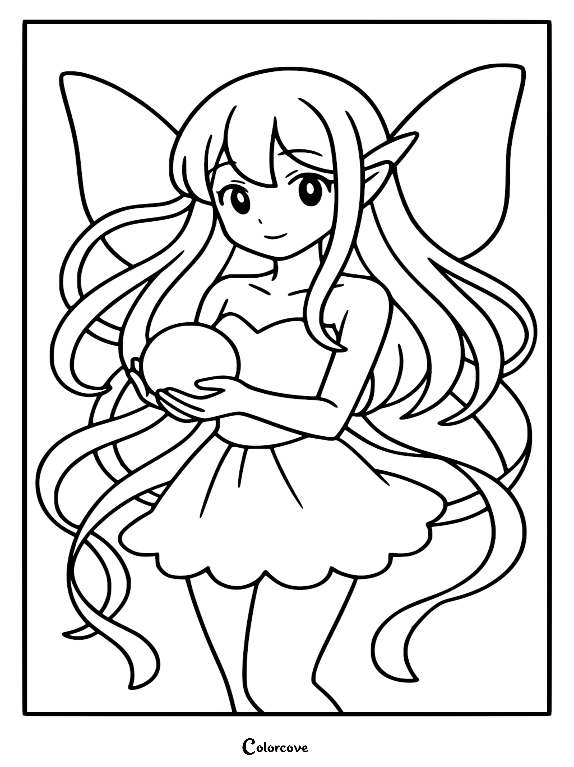 Anime style fairy with long flowing hair and wings holding a glowing magic orb in this printable coloring page.
