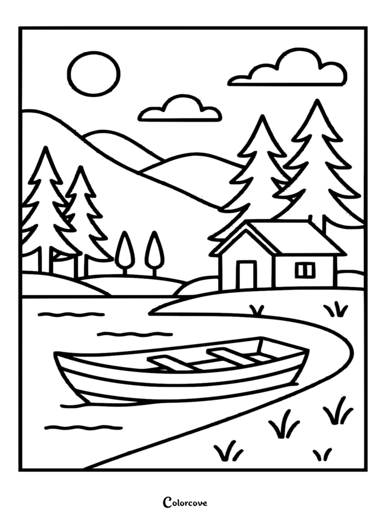 A printable coloring page featuring a peaceful mountain landscape with a wooden cabin, a small rowboat on the water, pine trees, and rolling hills under a sunny sky.