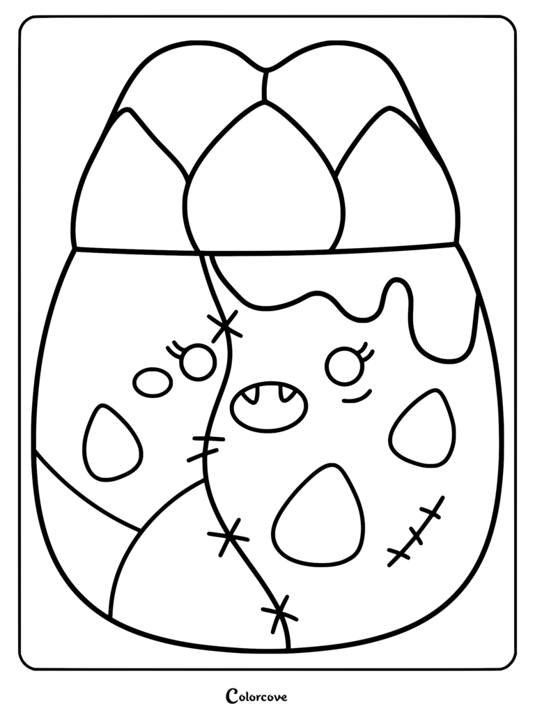 Página para colorear imprimible de Anara el Espárrago Zombi Squishmallow con piel con puntos de sutura, colmillos de vampiro puntiagudos y forma de cabeza inspirada en vegetales.