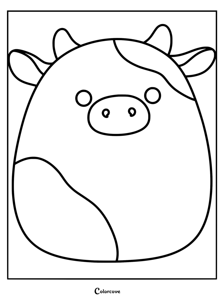 Un dibujo para colorear de Squishmallow imprimible con Connor la Vaca con ojos redondos, cuernos pequeños y un patrón moteado.