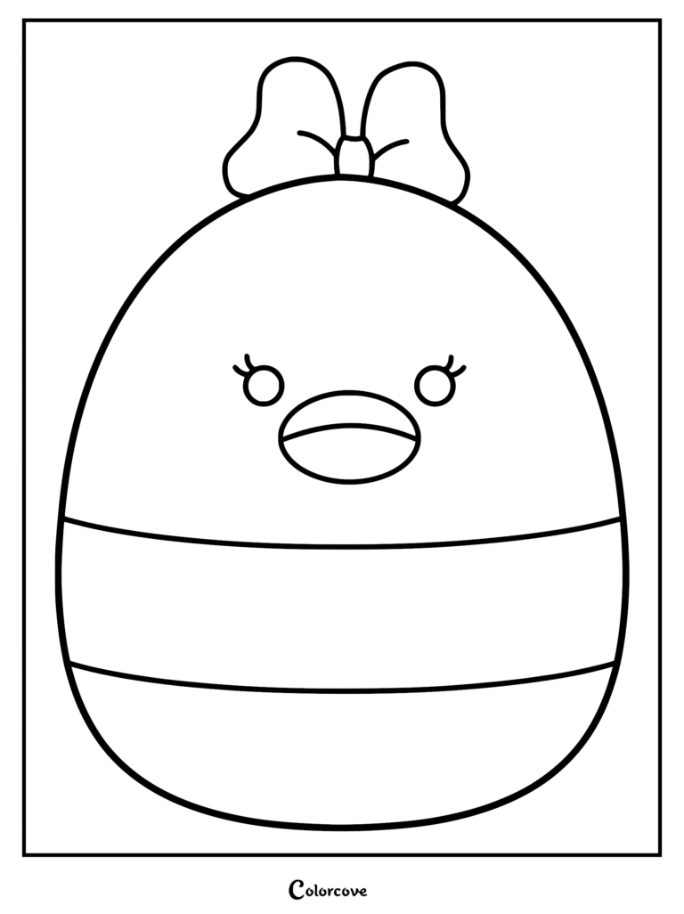 Un tierno dibujo para colorear de arte lineal al estilo Squishmallow de Daisy Duck que presenta un personaje de peluche redondo con un lazo, pestañas y pico.
