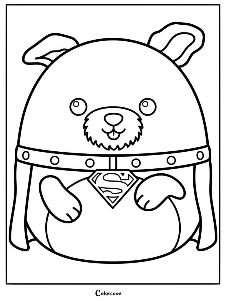 Página para colorear redonda de Krypto el Súper Perro Squishmallow con un collar con tachuelas y un emblema de Superman en el pecho.