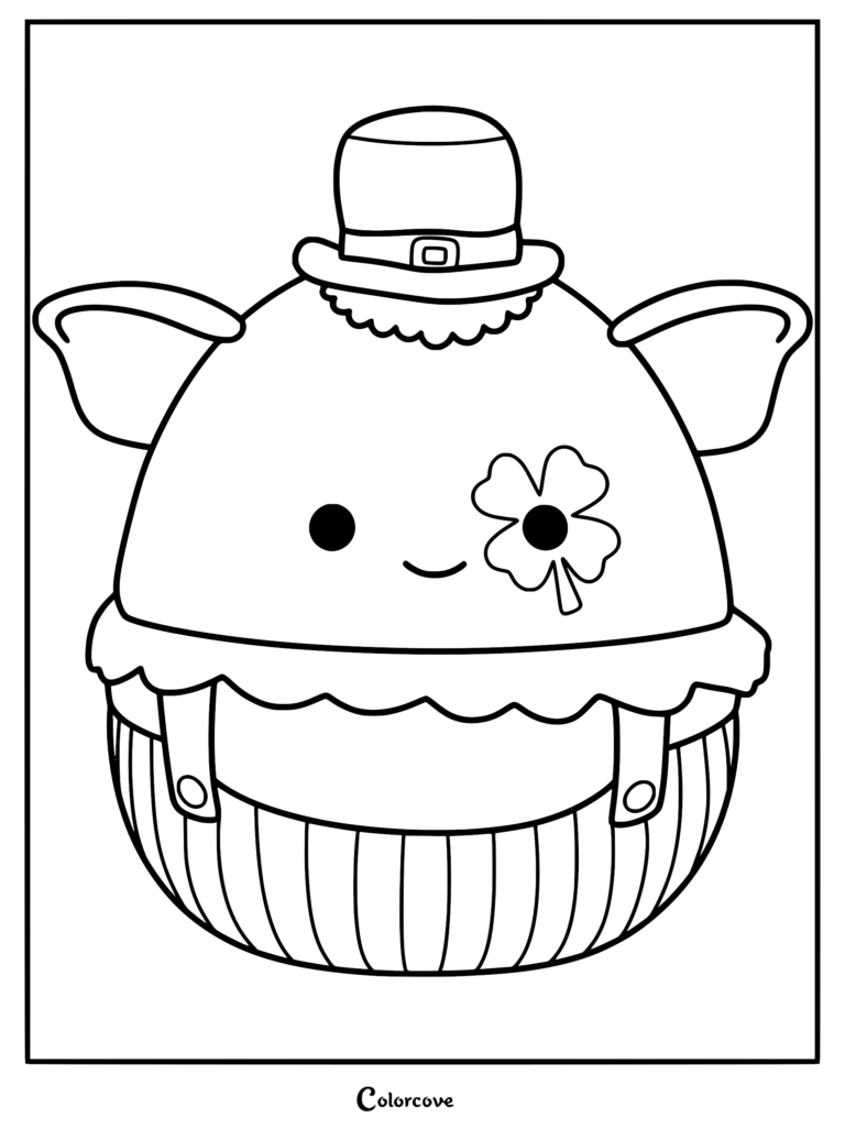 Un tierno dibujo para colorear de Squishmallow de Denny el Trolls del Día de San Patricio con un sombrero de duende y un trébol de cuatro hojas sobre un ojo.