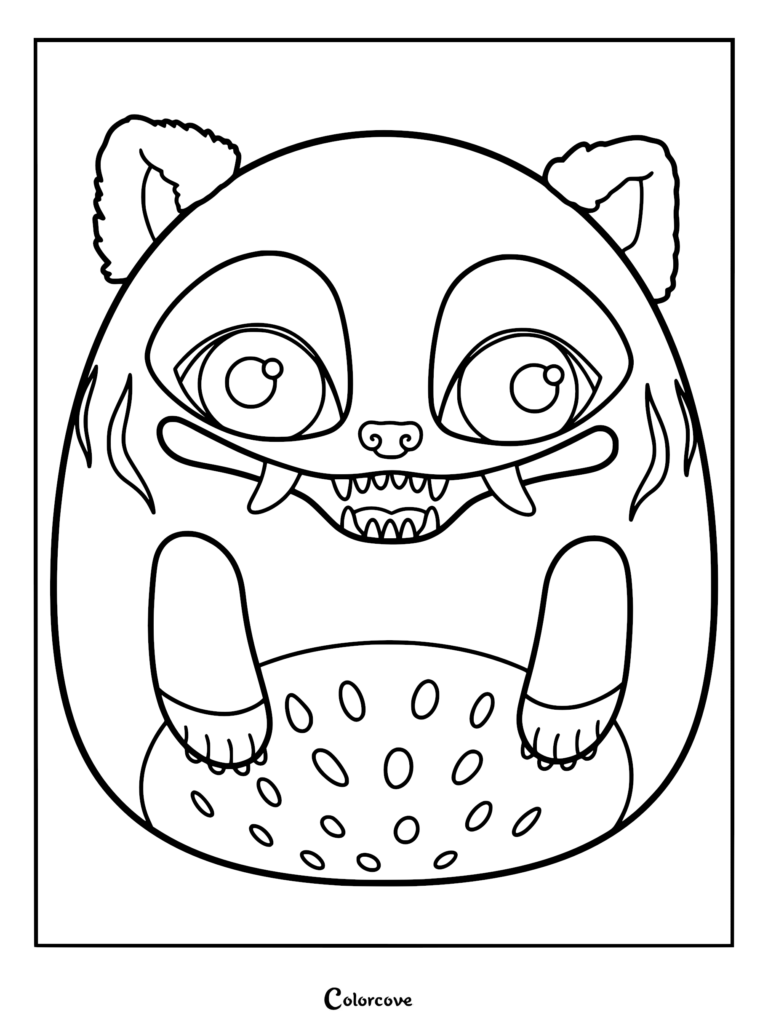 Una página para colorear imprimible con un Cazador de Demonios Kpop Squishmallow tonto, que muestra grandes ojos expresivos, colmillos afilados, orejas peludas y un vientre de lunares.