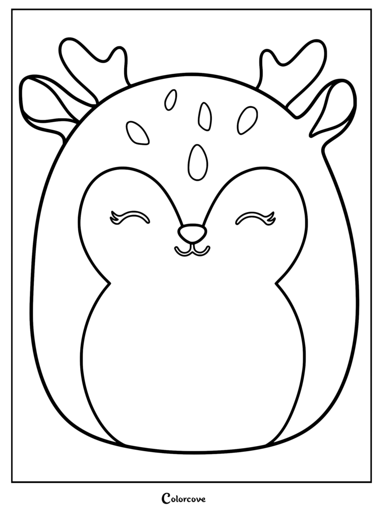 Un tierno dibujo para colorear en blanco y negro de Farryn el Cervatillo Morado Squishmallow con astas, ojos cerrados con pestañas y pequeñas manchas en la cabeza.