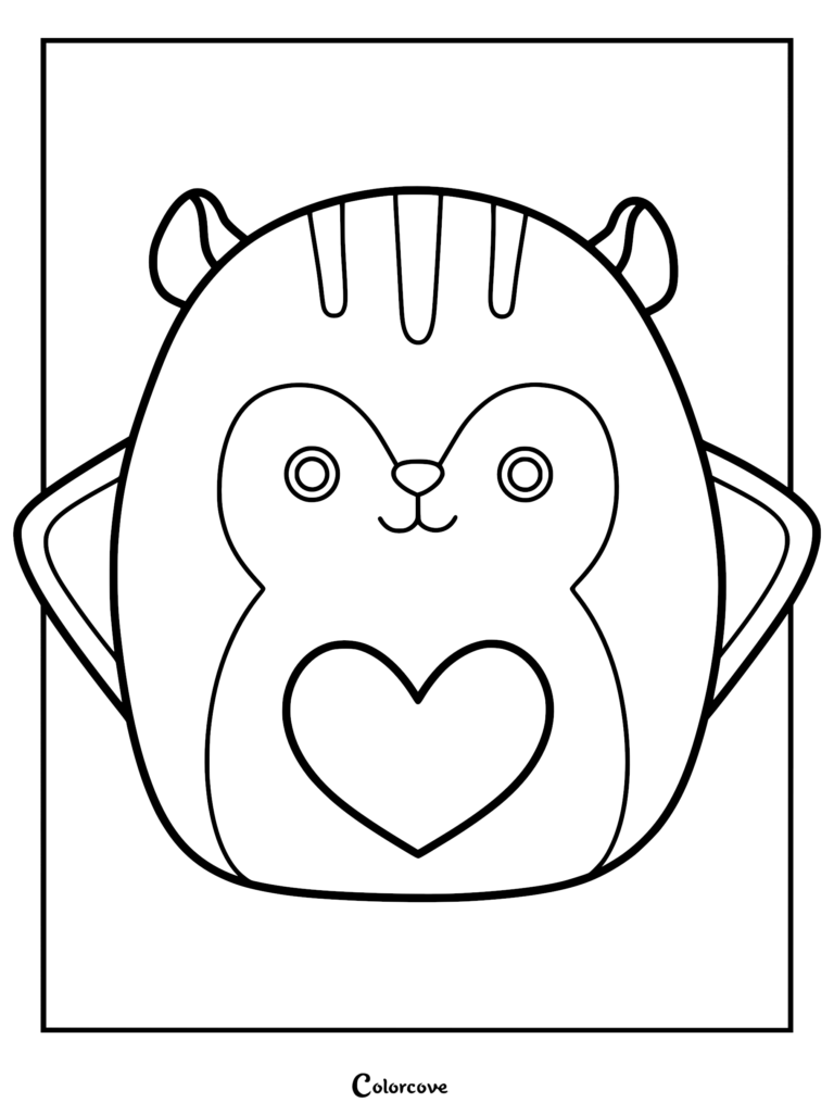 Un tierno dibujo para colorear del contorno del personaje de Gabourey el Durazno ardilla voladora Squishmallow, que presenta rayas en su cabeza, grandes ojos circulares y un parche de corazón en su barriga.