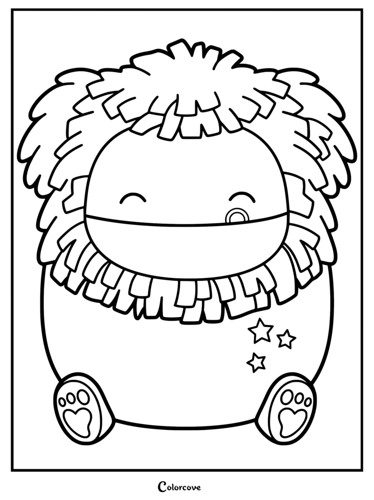 Arte lineal imprimible de Galileo el Pie Grande de la Galaxia Squishmallow con cabello desgreñado, expresión guiñando un ojo y estrellas en su vientre, perfecto como página para colorear gratuita.