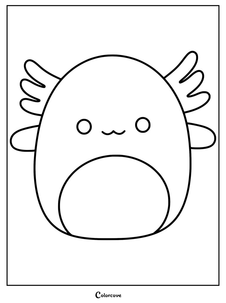 Una página para colorear imprimible de ajolote Squishmallow con un personaje redondo y lindo con branquias externas emplumadas y una pequeña boca en forma de w.