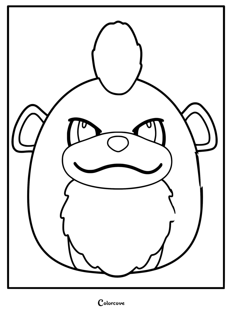 Una página para colorear imprimible con un Growlithe estilo Squishmallow con cuerpo redondo y de peluche, orejas pequeñas y pelo de pecho esponjoso.