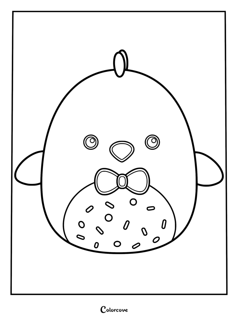 Dibujo para colorear imprimible con Harold el Pollo de Chocolate Squishmallow con una pajarita y una barriga con patrón de chispas.