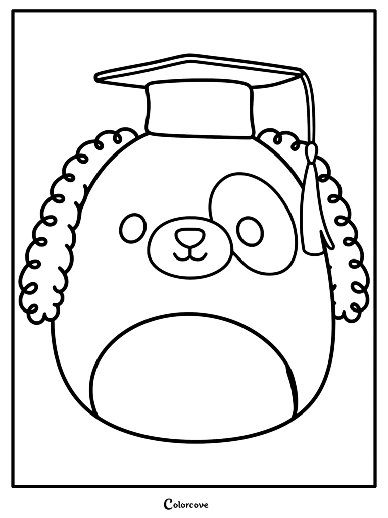 Harris el perro moteado marrón Squishmallow usando una birrete de graduación con borla, página para colorear imprimible de arte lineal.