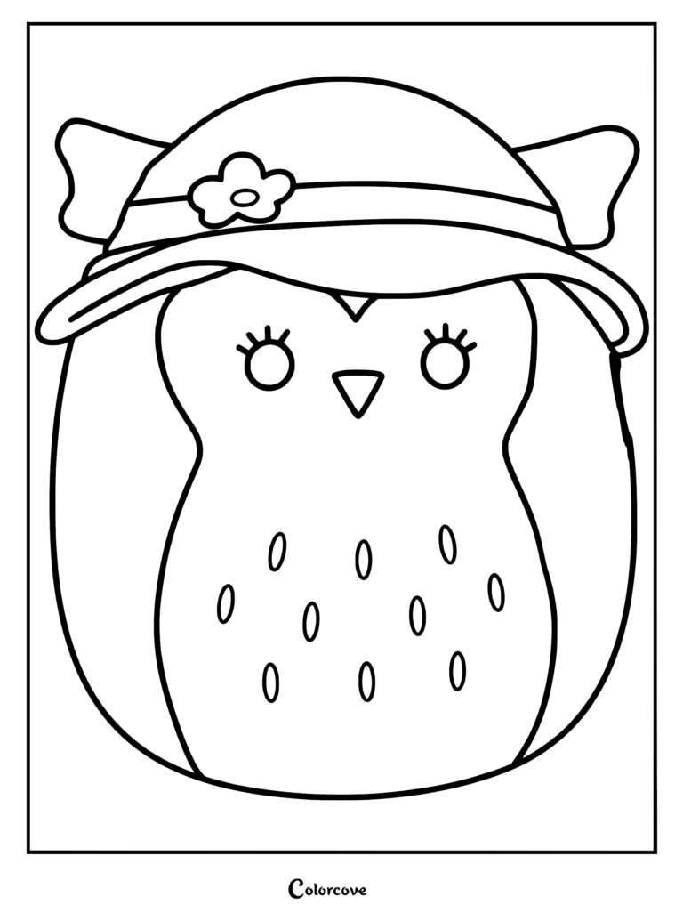 Página para colorear imprimible de Holly la Búho Morada Squishmallow usando un sombrero de flores de ala ancha con parches ovalados en el vientre.