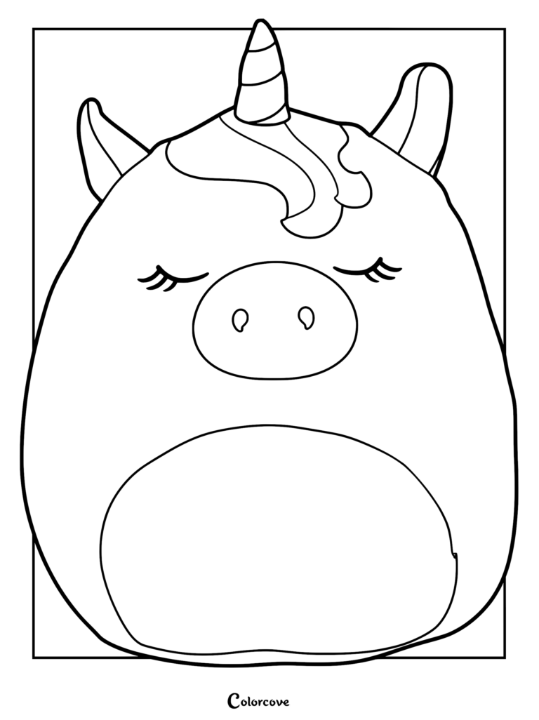 Página para colorear imprimible de Ilene la Unicornio Rosa Squishmallow con la linda unicornio con ojos cerrados y cuerno en espiral.