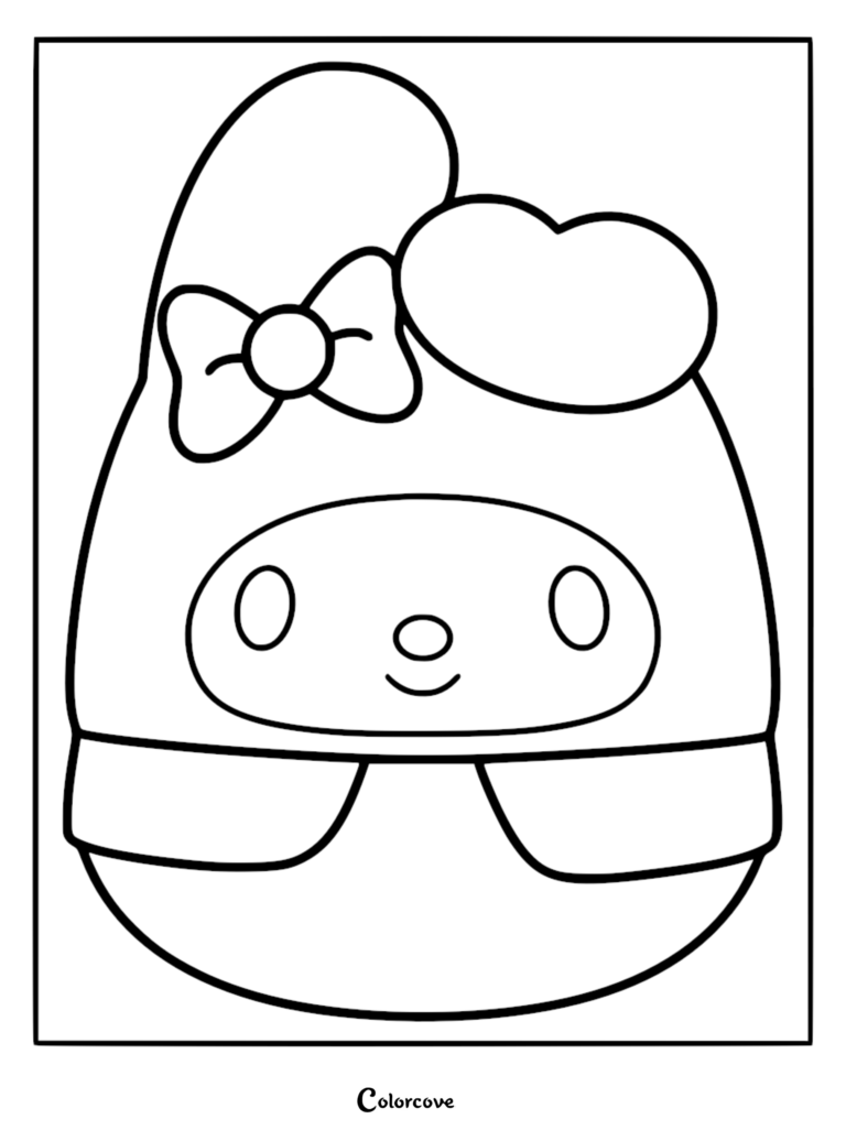 Página para colorear de My Melody Squishmallow gratis e imprimible con el lindo personaje de Sanrio con su capucha, lazo y detalle de corazón característicos.