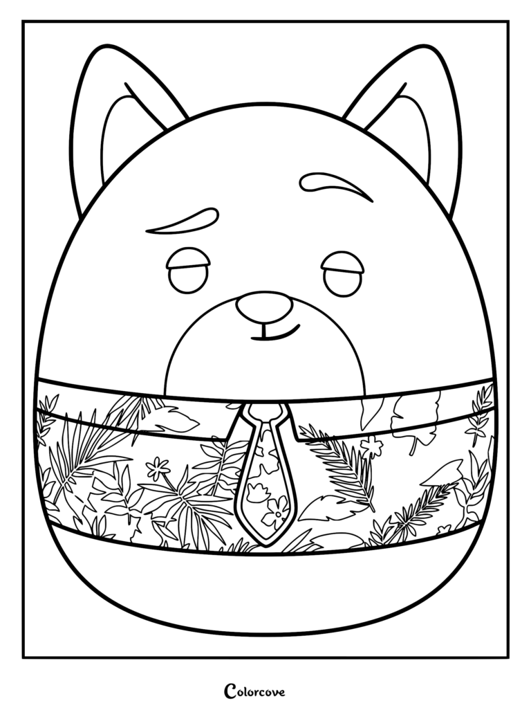 Una página para colorear de Squishmallows gratuita e imprimible con el zorro Nick Wilde usando una camisa con estampado de hojas tropicales y corbata.