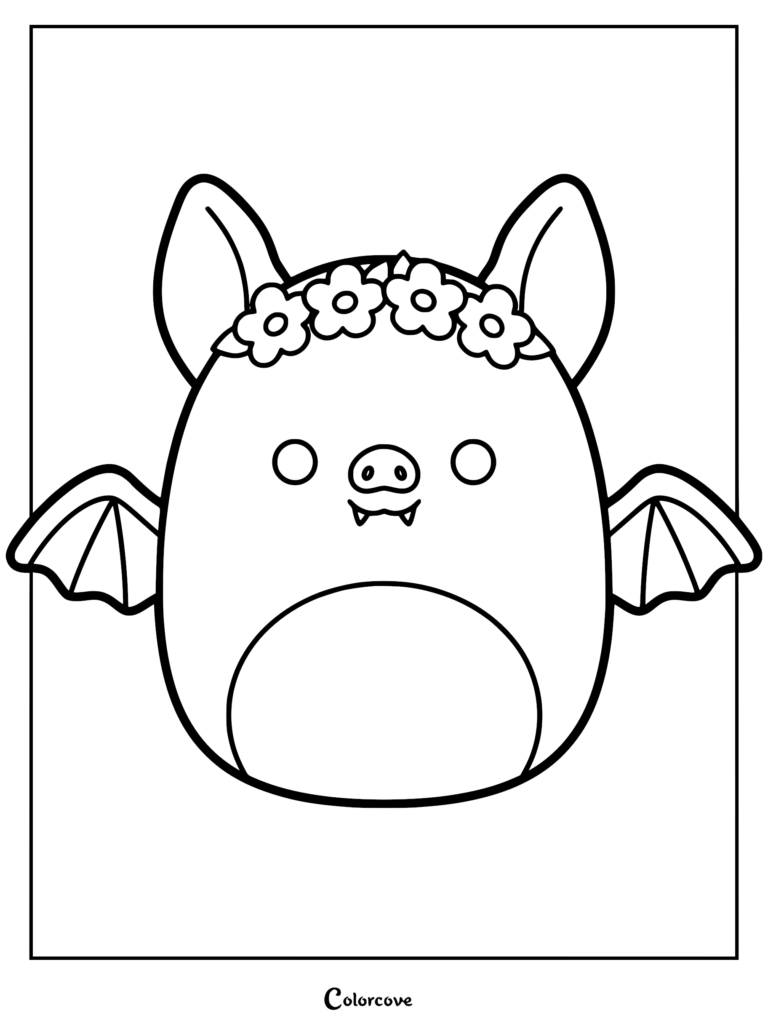 Una página para colorear imprimible con Nicolas el Murciélago Squishmallow usando una linda corona floral entre sus orejas puntiagudas.