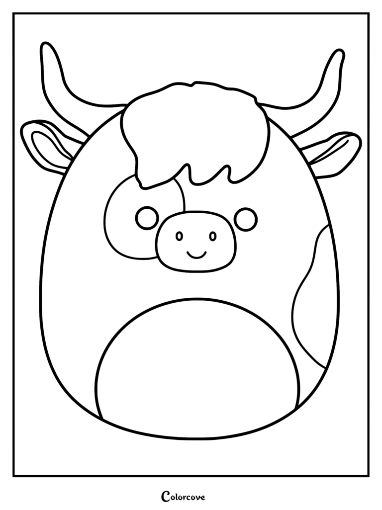 Página para colorear imprimible con Osgood la Vaca de las Tierras Altas Squishmallow con pelo desgreñado, cuernos curvados y vientre moteado.