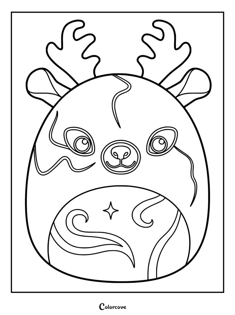 Una página para colorear imprimible de Patronus de Squishmallow con una criatura redonda similar a un ciervo con astas, líneas mágicas etéreas en remolino y un detalle de estrella brillante.