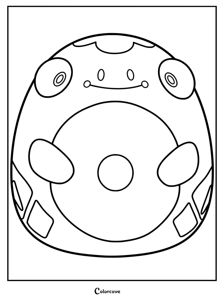 Un dibujo para colorear imprimible con el personaje redondo de estilo peluche Bellibolt con sus característicos ojos grandes y marcas circulares en la barriga.