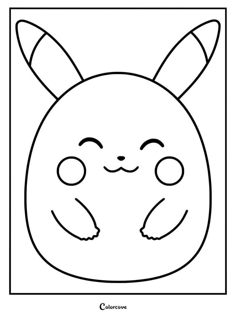 Un personaje Pikachu lindo y redondo estilo Squishmallow en una página para colorear de arte lineal minimalista, con patas pequeñas, mejillas rosadas y orejas largas puntiagudas.