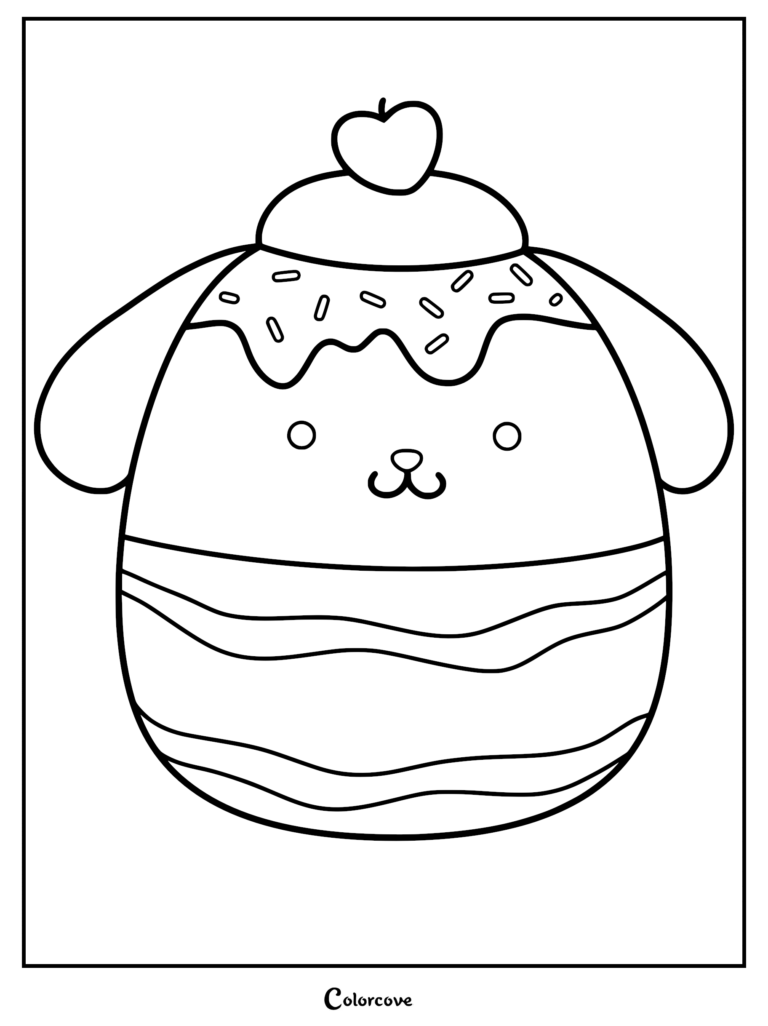 Una página para colorear de Squishmallows gratuita e imprimible con Pompompurin usando un sombrero de postre coronado con cereza y chispas.