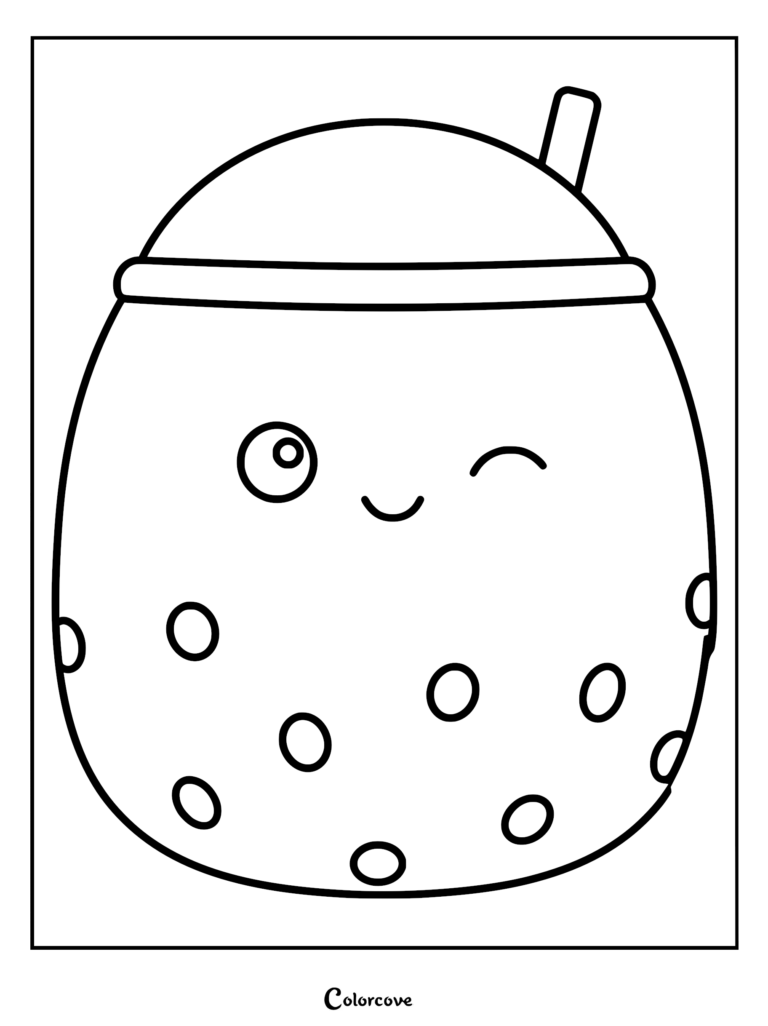 Un dibujo para colorear imprimible con Poplina el Squishmallow de té boba morado con una cara guiñando un ojo y perlas de boba.