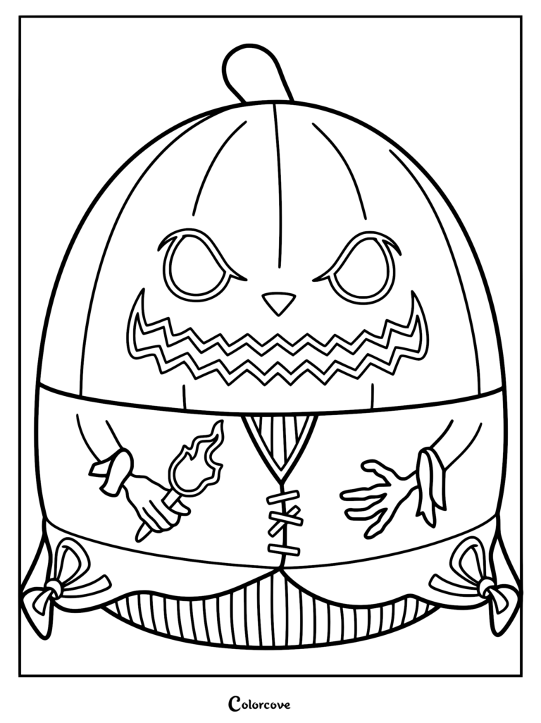 Página para colorear del Rey Calabaza Jack Skellington Squishmallow con cabeza de calabaza, sonrisa dentada y un traje con una antorcha sostenida en su mano.