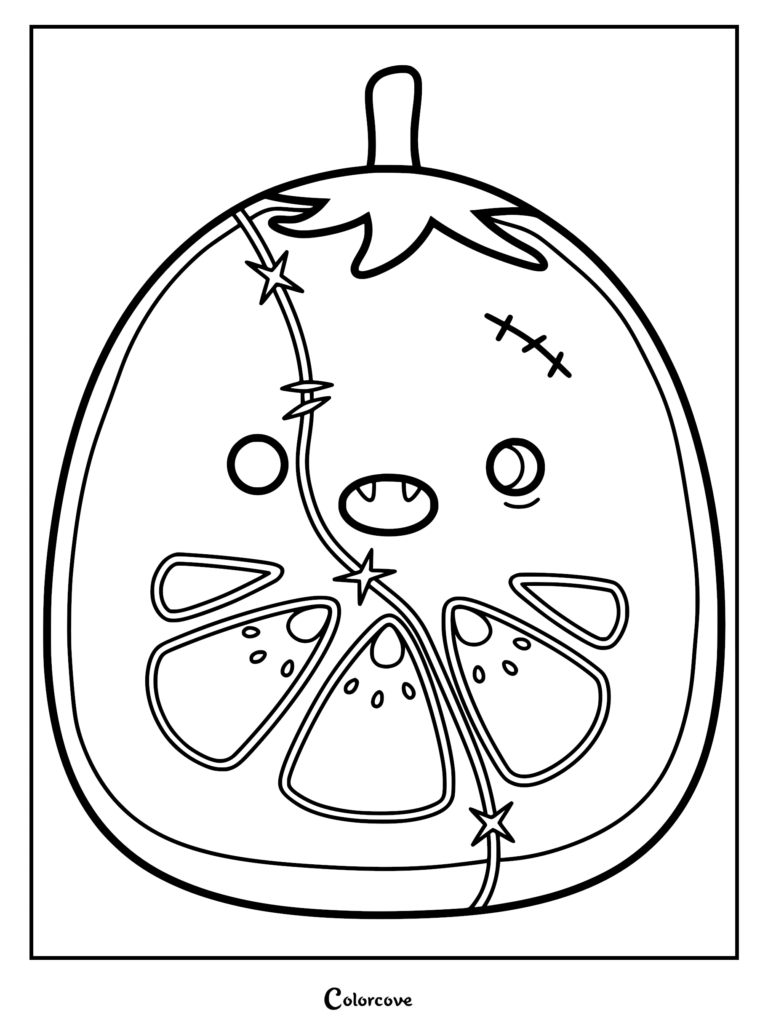 Una página para colorear imprimible con Ritter el Tomate Zombi Squishmallow con un tallo, puntos de sutura, colmillos y el interior de un segmento de tomate rebanado.
