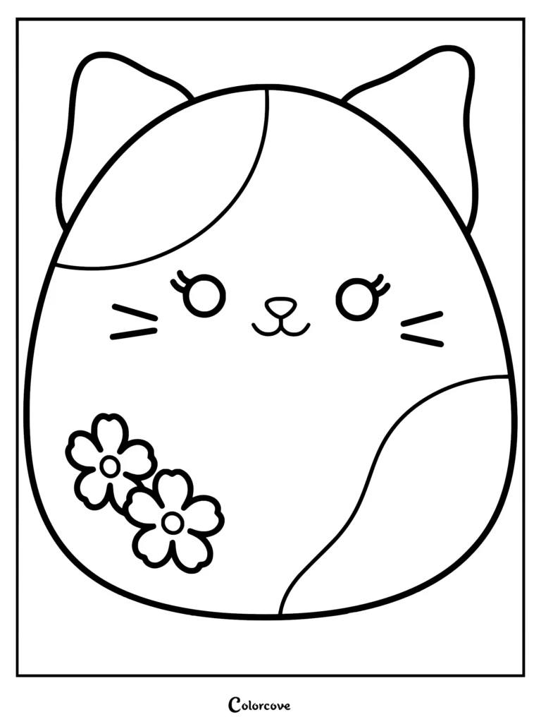 Página para colorear imprimible con Roseanne la gata Squishmallow con dos flores de sakura y parches.