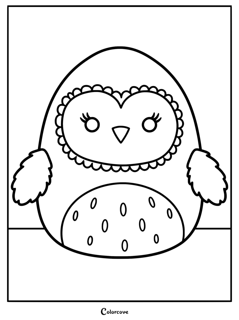 Scarlito la Lechuza común morada Squishmallow con detalles de cara con plumas alborotadas, pestañas largas y vientre moteado como página para colorear imprimible.