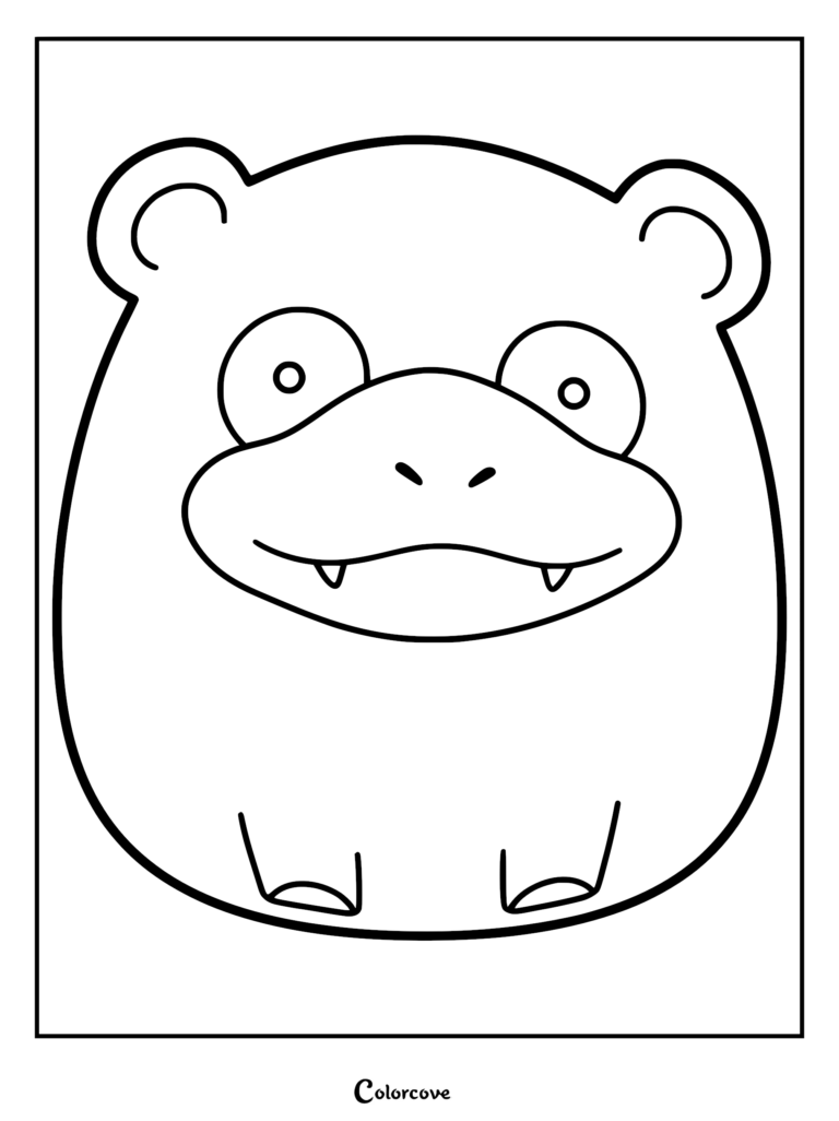 Un dibujo de arte lineal lindo y redondo al estilo Squishmallow del Pokémon Slowpoke, con cara ancha, grandes ojos circulares y dos pequeños colmillos en un formato de página para colorear simple.