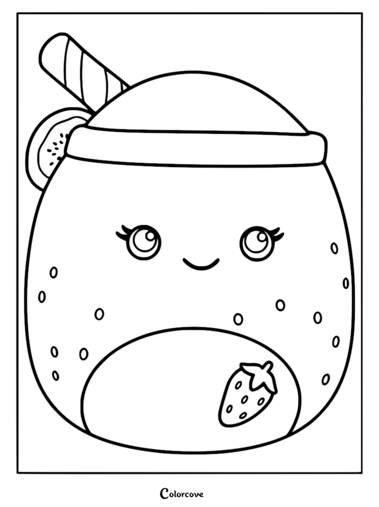 Un dibujo para colorear imprimible con Snell la Fresa Squishmallow, representada como un tierno peluche redondo con una guarnición de fresa y una pajita a rayas, delineada con líneas negras gruesas.