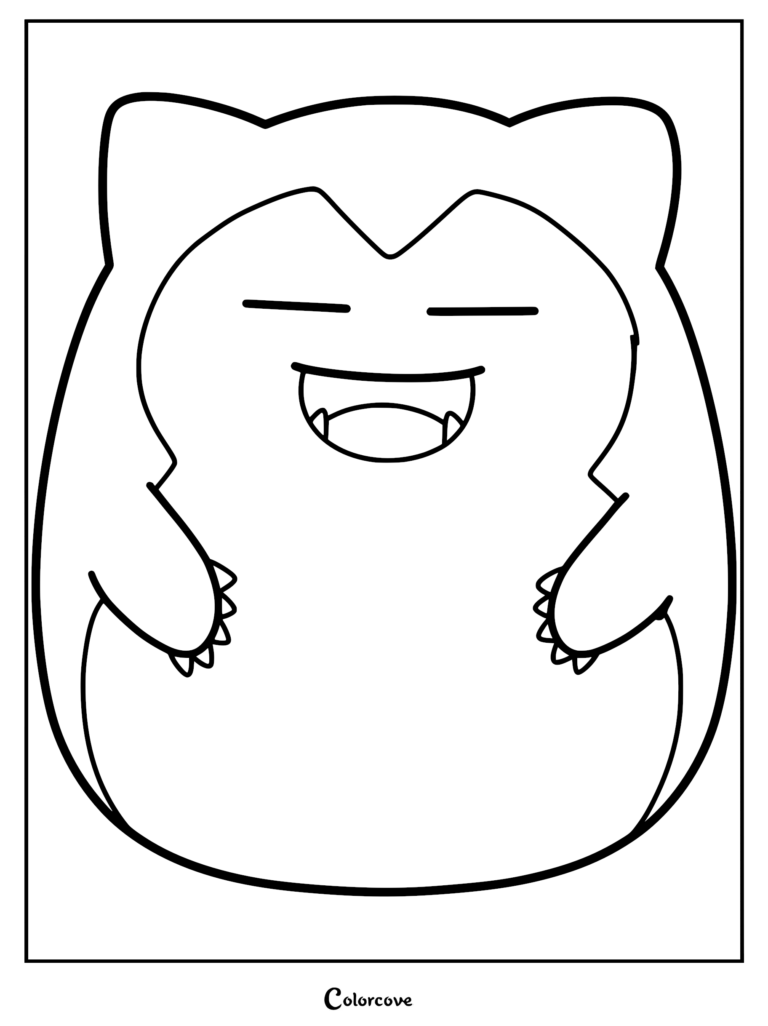 Una página para colorear imprimible con un Snorlax diseñado en el estilo suave y redondo de un peluche Squishmallow con una sonrisa feliz de ojos cerrados.