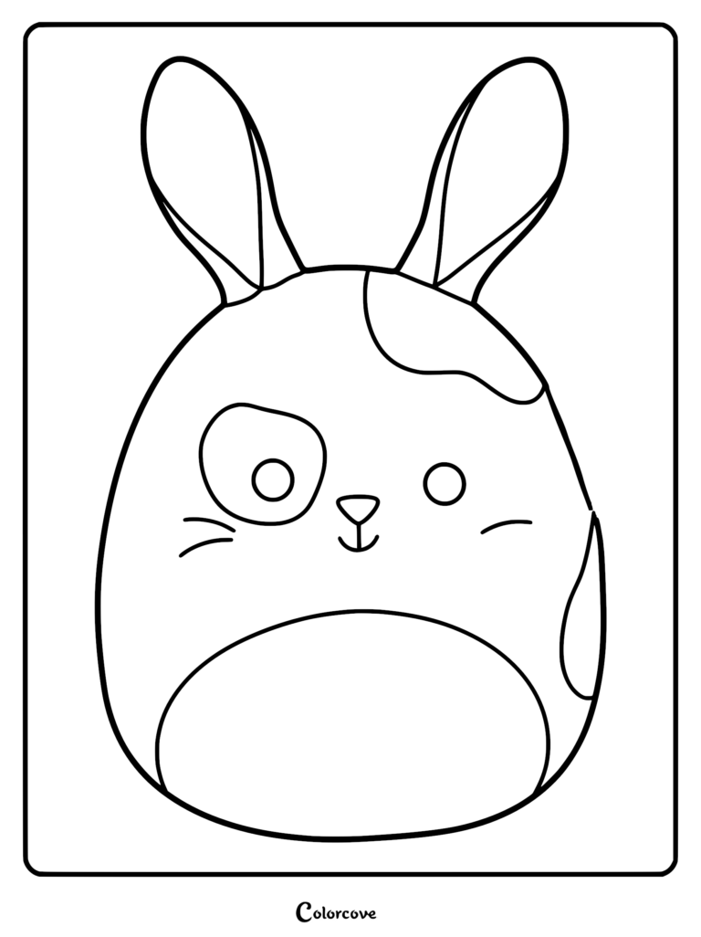 Dibujo para colorear imprimible de Bennett el Conejo Holandés Squishmallow, con orejas de conejo largas, un parche en el ojo moteado y una barriga redonda.