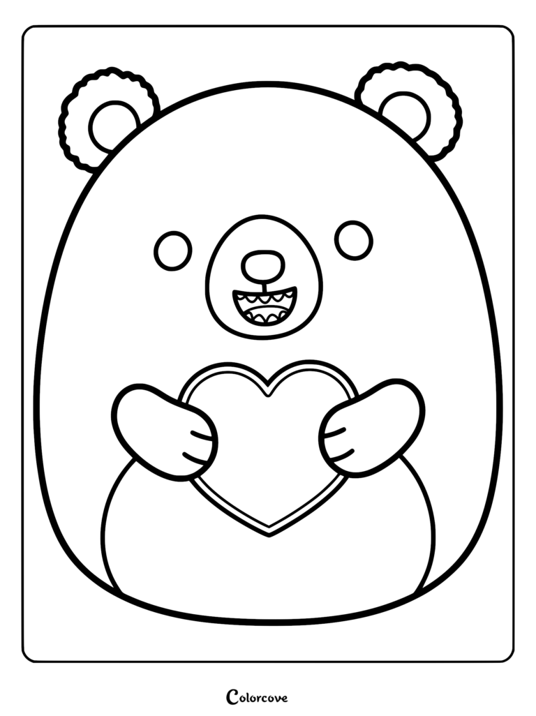Página para colorear imprimible de Squishmallow con Stokely el Oso Kodiak redondo marrón sosteniendo una forma de corazón en sus patas.