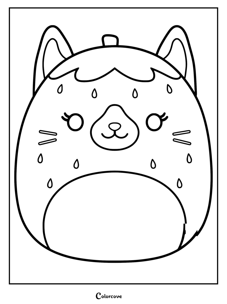 Dibujo para colorear imprimible de un tierno Gato Fresa de Verano Squishmallow con una cara de gato redonda, semillas de fresa y delicadas pestañas.