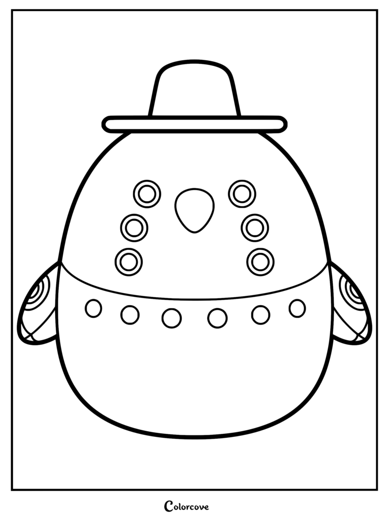 Una página para colorear imprimible del personaje Sussie de Squishmallows con un sombrero de ala ancha, que presenta sus icónicos seis ojos de araña, pico redondeado y patrón corporal circular.