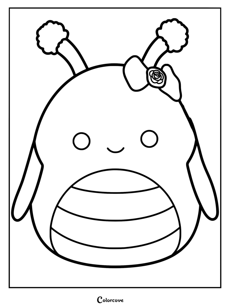 Dibujo para colorear de Squishmallow gratis con un lindo personaje de saltamontes con antenas, puntas esponjosas y un lazo con una rosa en el centro.