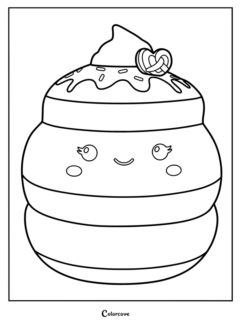 Dibujo para colorear de Una los Panqueques de Ube Squishmallow, que presenta una pila de panqueques con una cucharada de crema batida y un aderezo de pretzel.
