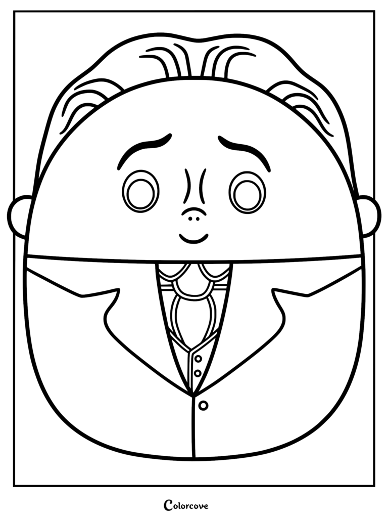 Una página para colorear imprimible con un peluche Squishmallow temático de Víctor de El cadáver de la novia con su traje característico, corbata de lazo y estilo de cabello desordenado.