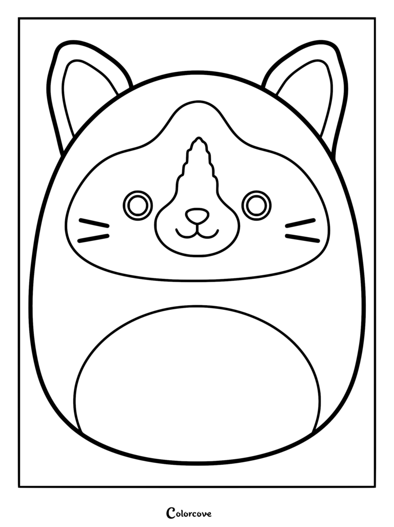 Página para colorear de Woodward el Gato Nieve Squishmallow con líneas simples redondeadas, orejas puntiagudas y una marca facial característica.