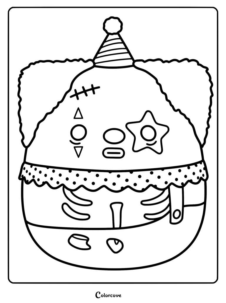 Una página para colorear imprimible de Axis el Payaso Zombi Squishmallow, con un sombrero de fiesta, frente con puntos de sutura, ojo de estrella y diseño de caja torácica expuesta.