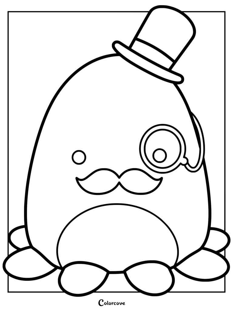Una página para colorear de Squishmallow gratis e imprimible de Zobey el pulpo usando un sombrero de copa formal, un bigote de manillar y un monóculo sobre su ojo izquierdo.